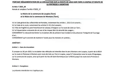 Arrêté municipal conjoint de circulation portant réglementation sur la route de Lisle-sur-Tarn à Loupiac et route de la Pintresse à Montans