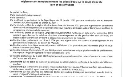 Arrêté Préfectoral réglementant les prises d&rsquo;eau dans le cours d&rsquo;eau du Tarn et ses affluents