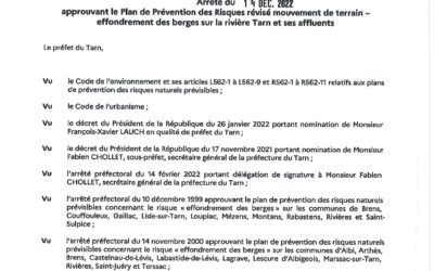 Arrêté préfectoral effondrements des berges du Tarn 2022